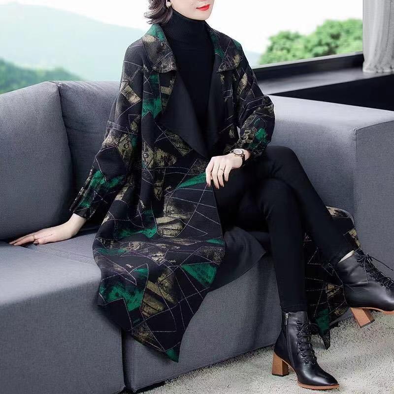 Высококачественное модное осенне-зимнее женское шерстяное длинное пальто, свободная клетчатая накидка большого размера для мам среднего возраста, шерстяная накидка с заниженными плечами