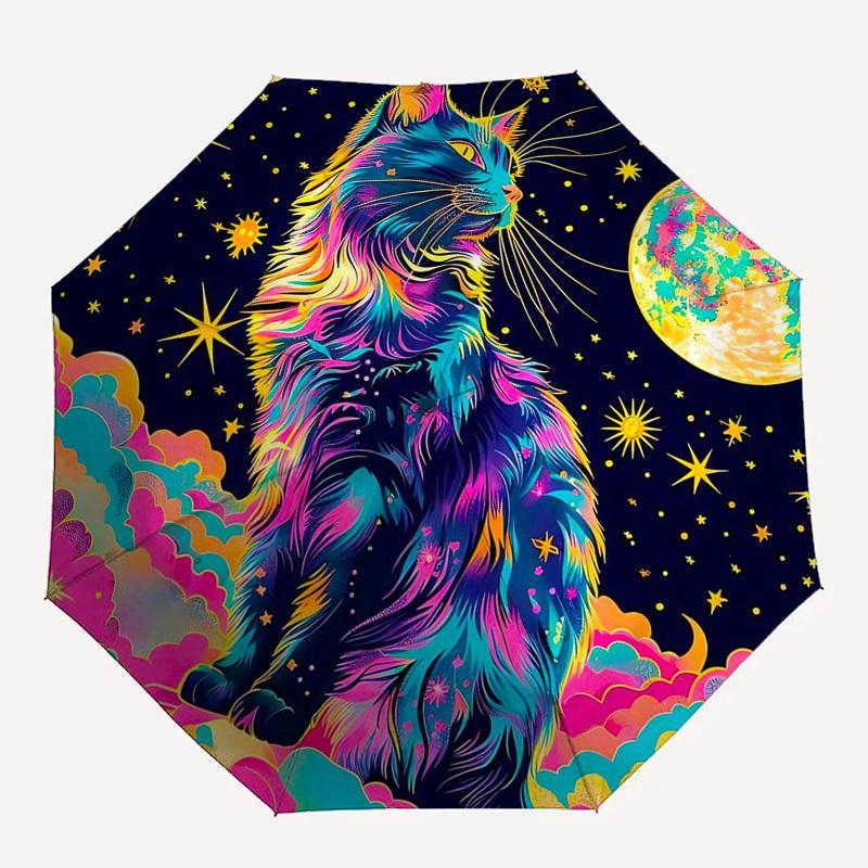 1 шт. Цветной Космический Кот Автоматический Складной Зонт - Портативный 3-Складной Дизайн с 8-спицевым Железным Каркасом, Идеально Подходит для Использования на Открытом Воздухе, Праздничных Подарков, Путешествий, Да
