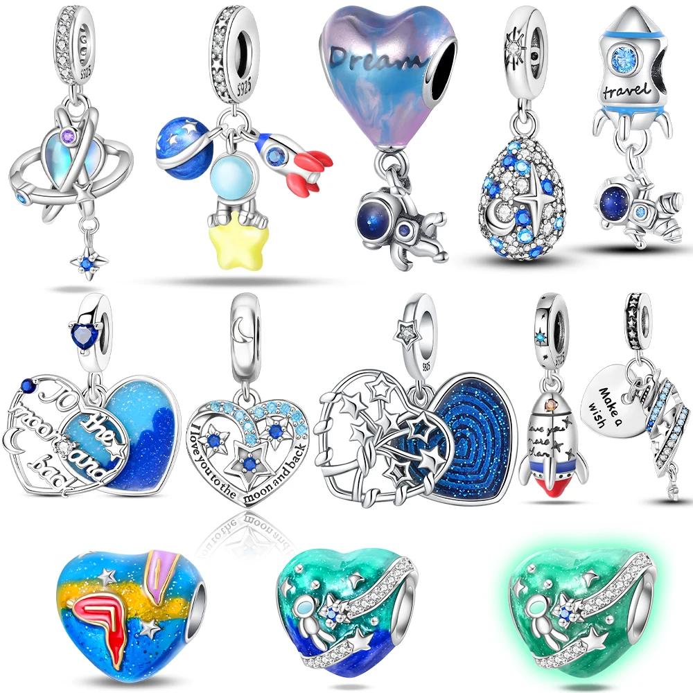 Exquisite Charms Copper Original Star Blue Glowing Heart Rocket Astronaut Beads Fit Bracelet Women Jewelry Diy Necklace Gift