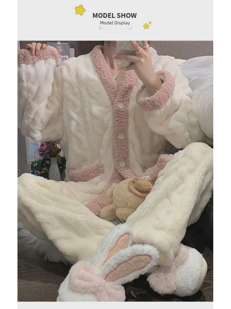 Korean Style Women's Coral Fleece Pajamas - Thick Velvet Flannel Home Suit