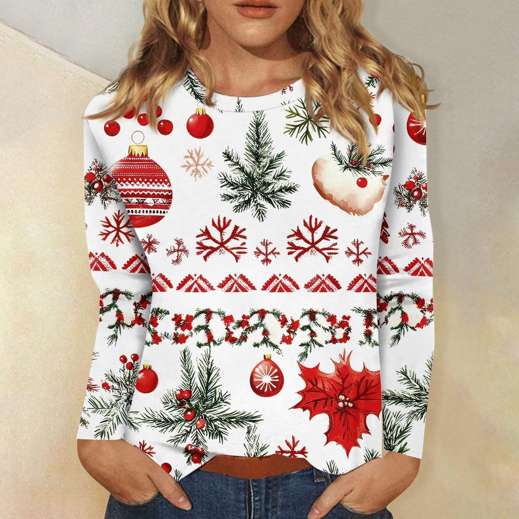 Женская мода повседневный рождественский принт круглый вырез длинный рукав пуловер топ