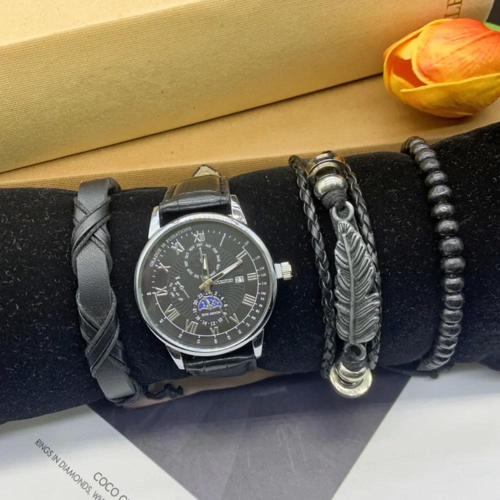 5pc New Men Watches Quartz Watch Sport Chronograph Luxury Men Automatic Date Watches Include Bracelet Box for Any Scene