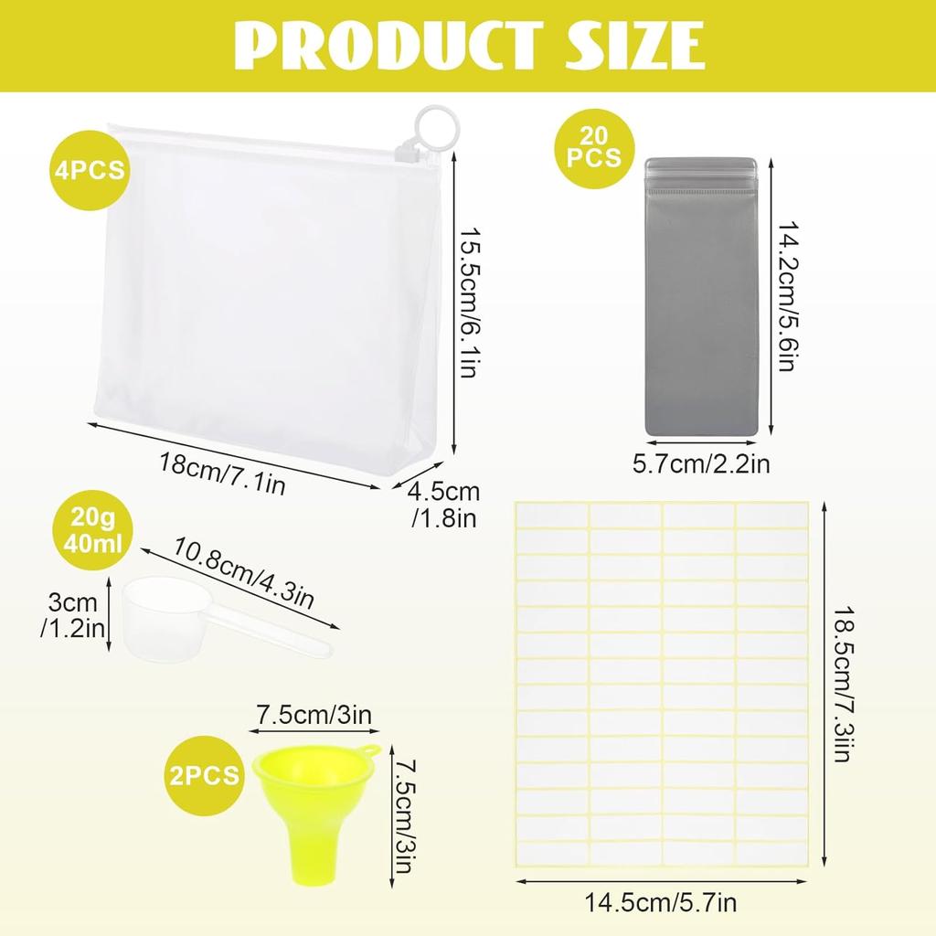 Набор контейнеров для протеинового порошка в одноразовых порциях, 28 шт. - Многоразовые контейнеры для пищевых добавок в порошке - 20 пакетиков для одноразовых порций и 4 больших контейнера для путешествий