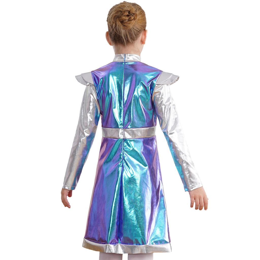 Костюм Космическая Милашка для Девочки: Мерцающее Пэчворк-платье с инопланетным дизайном из ПУ для Хэллоуина и Sci-Fi Ролевых Вечеринок