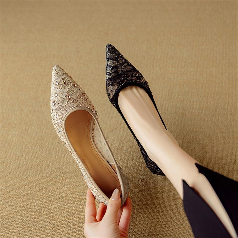 Модная новая весенне-летняя тканевая обувь-лодочки для женщин, модные кружевные сетчатые туфли-лодочки с острым носком, дышащие туфли на высоком каблуке, абрикосовые черные