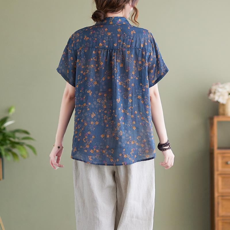 Летняя литература свободная хлопковая льняная рубашка с цветочным воротником и короткими рукавами женская рубашка топ
