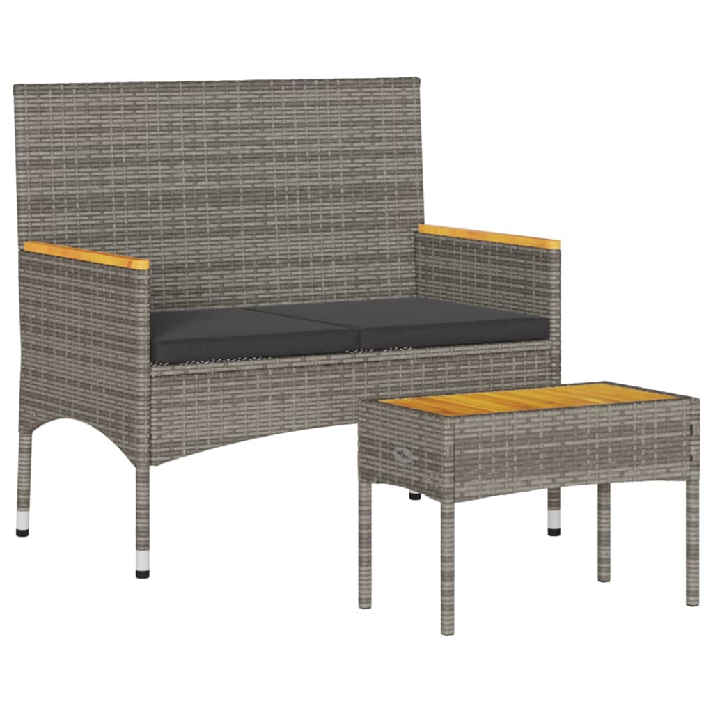 2 Seater Garden Bench with Cushions and Table Grey Poly Rattan