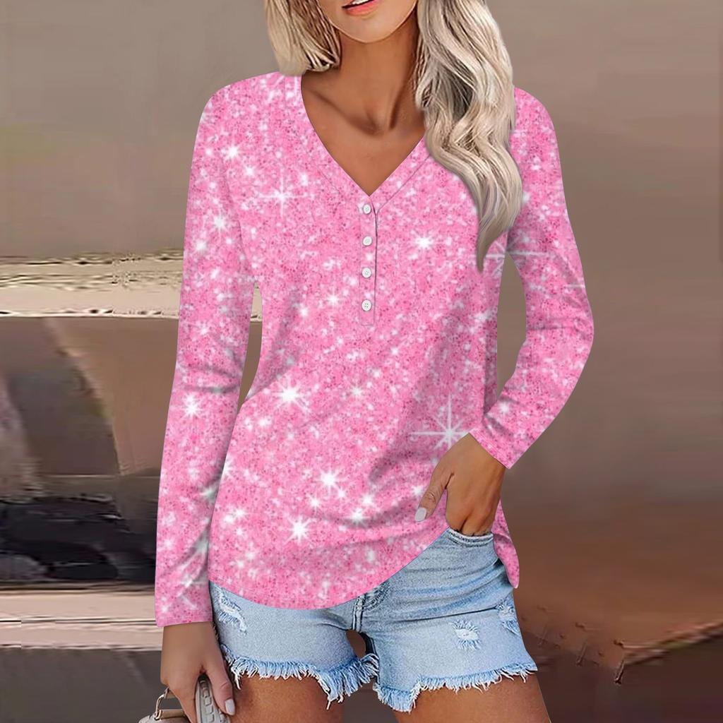 Women's Casual Fashion Sexy Comfort Christmas Printed V-Neck Button Long Sleeve