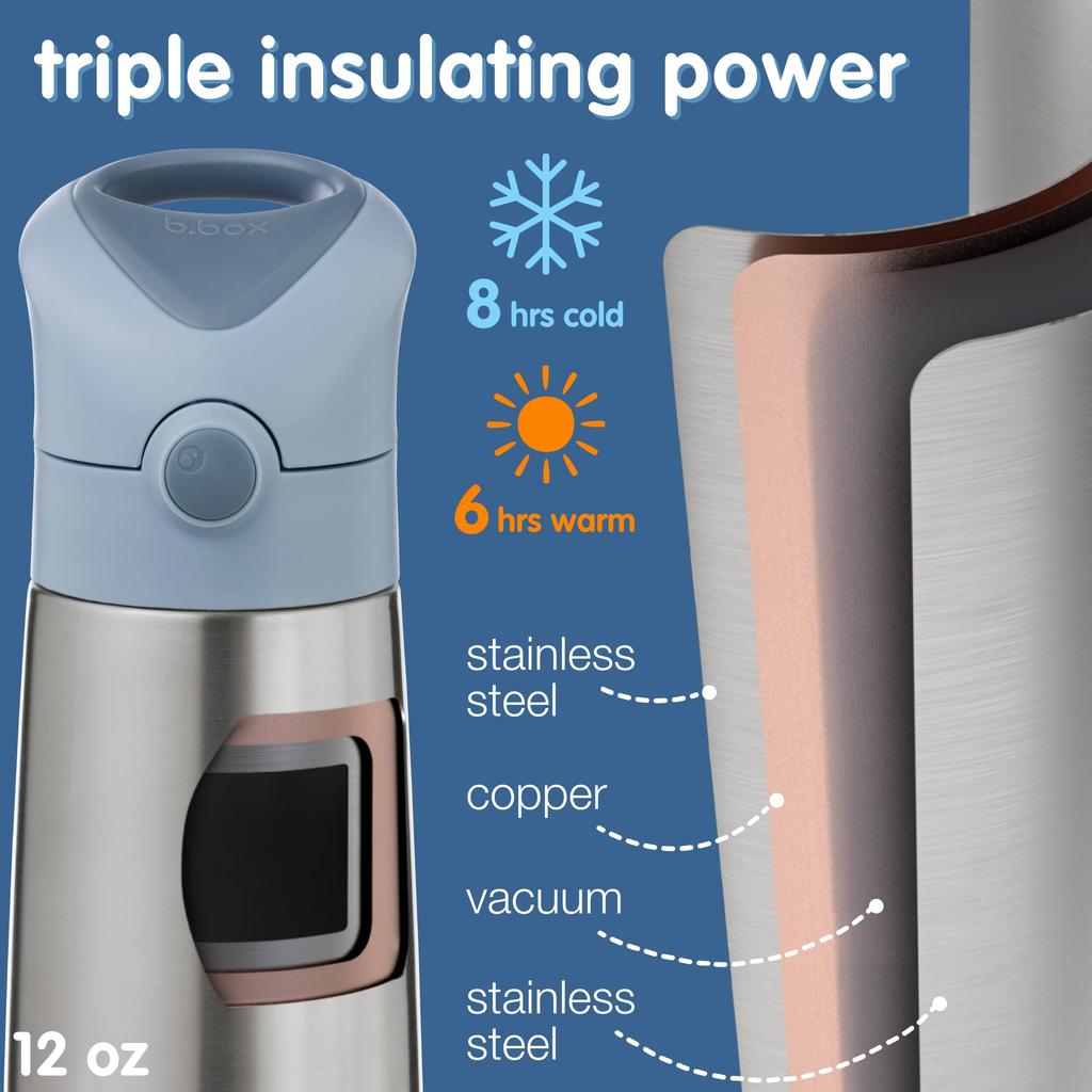 Insulated Water Bottle with Keeps Drinks Hot or Dishwasher Safe Steel Ocean Breeze B.box Children's Straw, 350ml, Cold, One-Push Operation, Top-Rack
