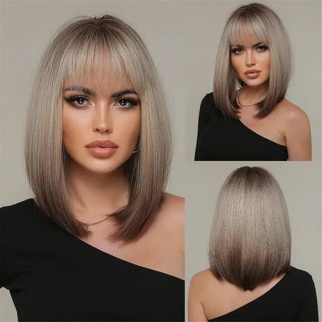 Purple Pink Ombre Black Short Straight Synthetic Wigs with Bangs Bob Wig for Women Daily Cosplay Party Heat Resistant Fake Hairs