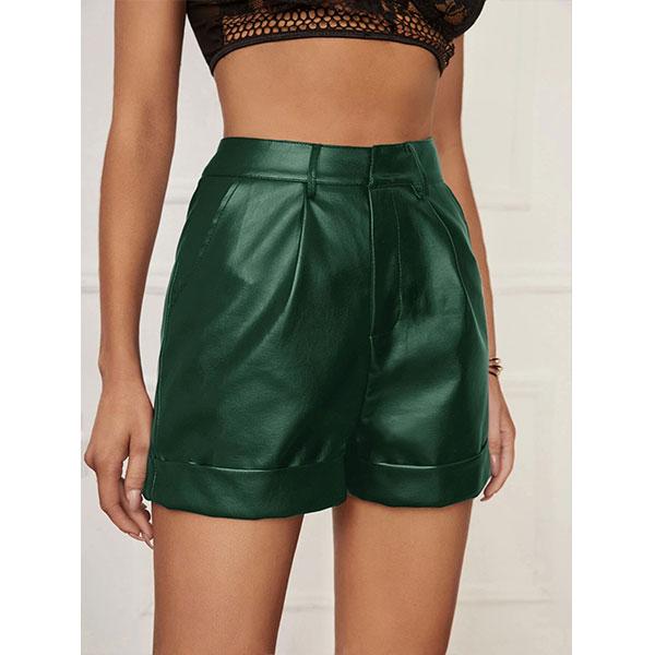 Fashion Women's Diagonal Pockets Casual PU Imitation Leather Shorts High Waist Stretch Shorts
