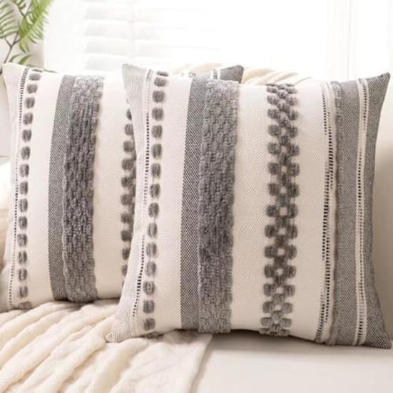 Boho Chenille Tufted Throw Pillow Cover Farmhouse Striped Decorative Cushion Case Square Pillowcase for Living Room Sofa Bed Couch Decor
