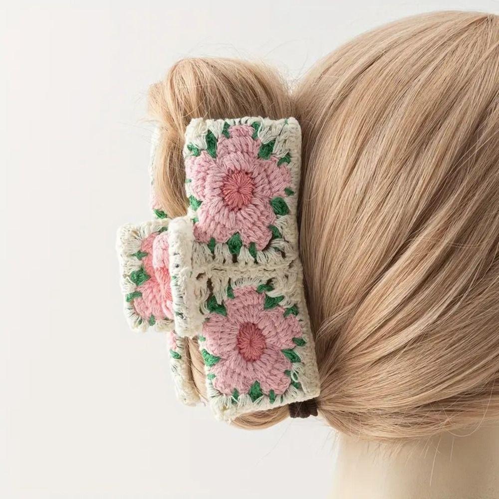 Flower Embroidered Crochet Shark Clip Strawberry Bohemian Style Hair Claw Beach