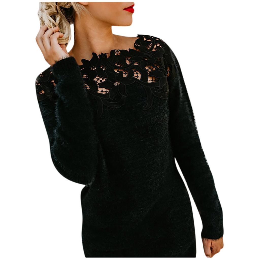Women's Fashion Casual Solid Color Lace Stitching One-neck Lace Long-sleeved Sweater