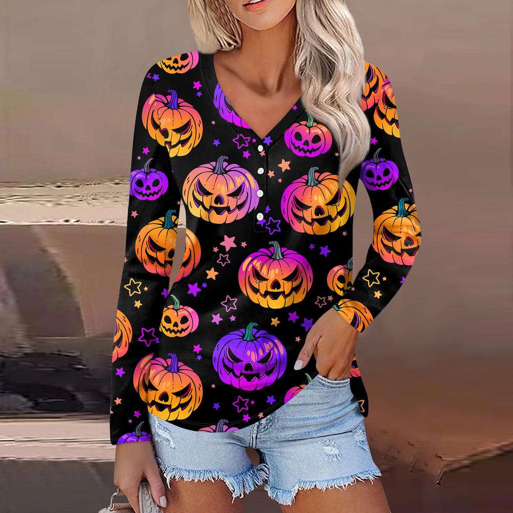 Женская повседневная мода, сексуальный комфорт, Хэллоуин с принтом и v-образным вырезом, пуговицы, длинный рукав