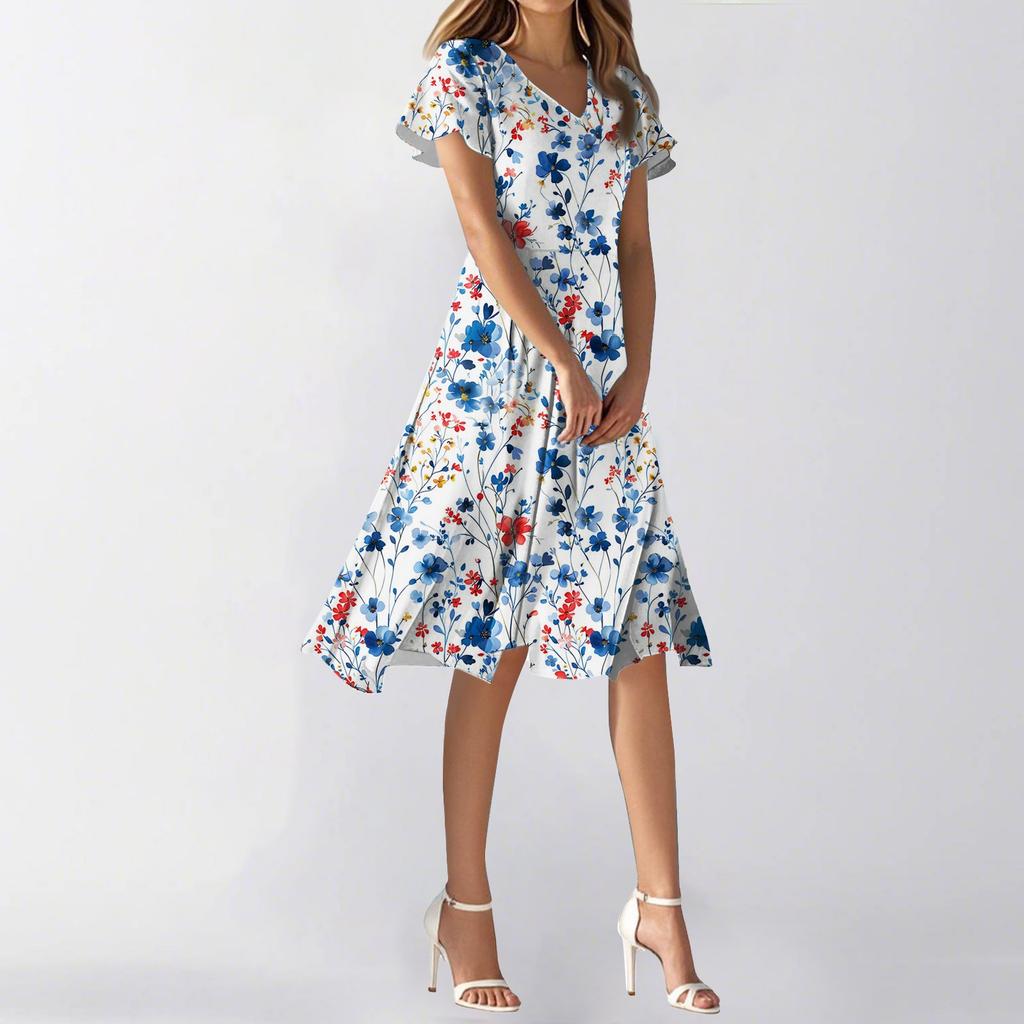Women's Summer Casual Fashion Flower Print Dress V Neck Short Sleeve Short Skirt