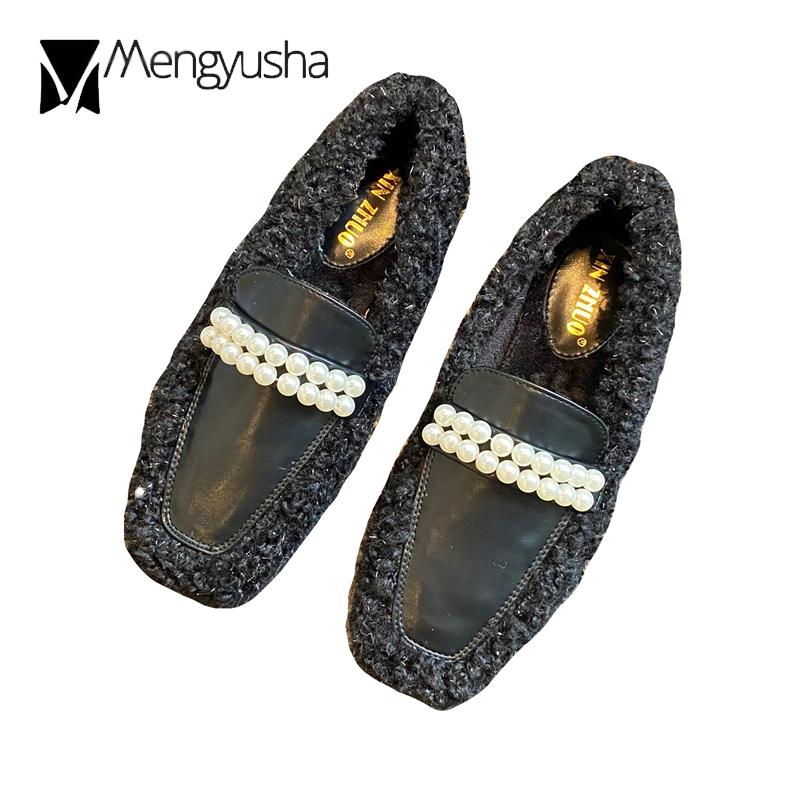 Модные туфли на плоской подошве из овечьей шерсти с квадратным носком, зимние меховые туфли для беременных женщин, балетки с бусинами, мокасины из вьющейся овечьей шерсти
