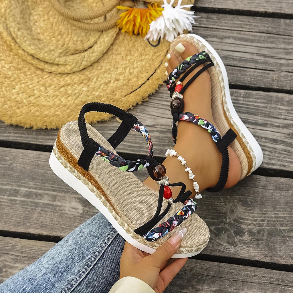 Plus-size Wedge Heel Womens Shoes with Open Toes Roman Sandals 2025 New Summer Bohemian Sandals with Rhinestones Thick Soles.