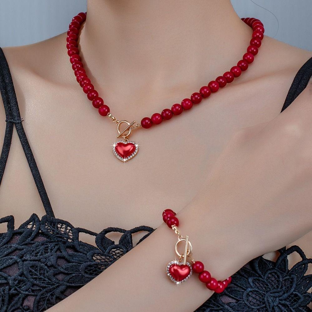Crystal Heart Pendant Jewelry Set Exquisite Pearl Necklace Set Sweet Necklace Bracelet Set Women