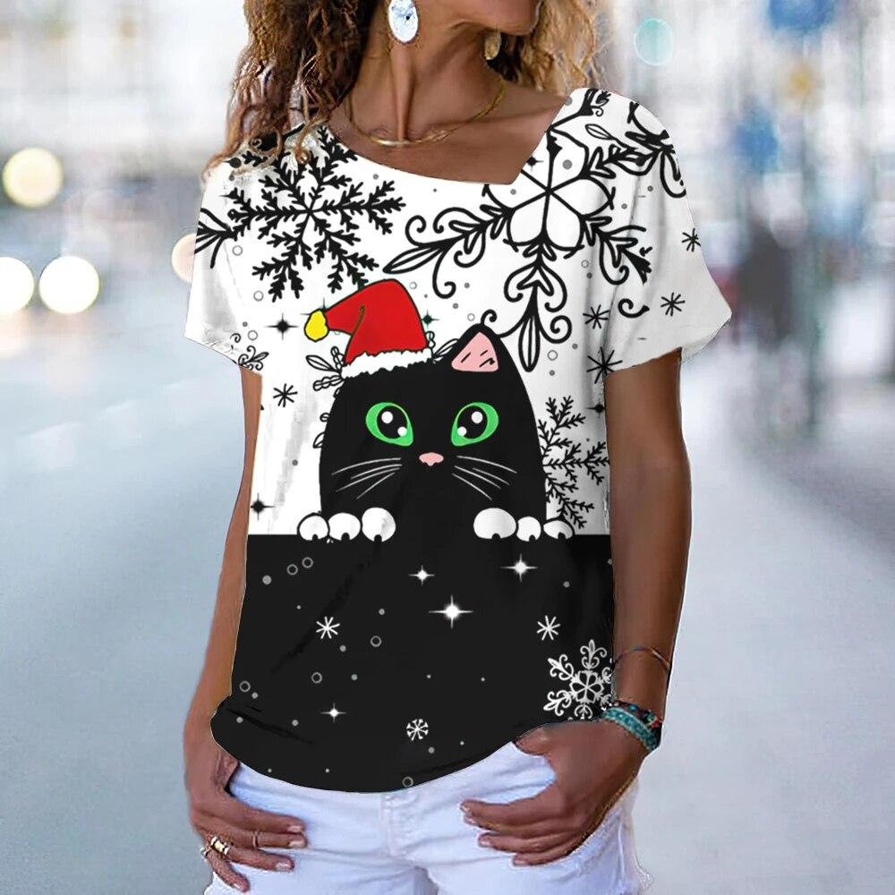 Fashion Cat T-Shirt Women's V Neck Tees Top Vintage Red Christmas Clothes Summer Chic Oversized Femele Clothing 2023 New Tee