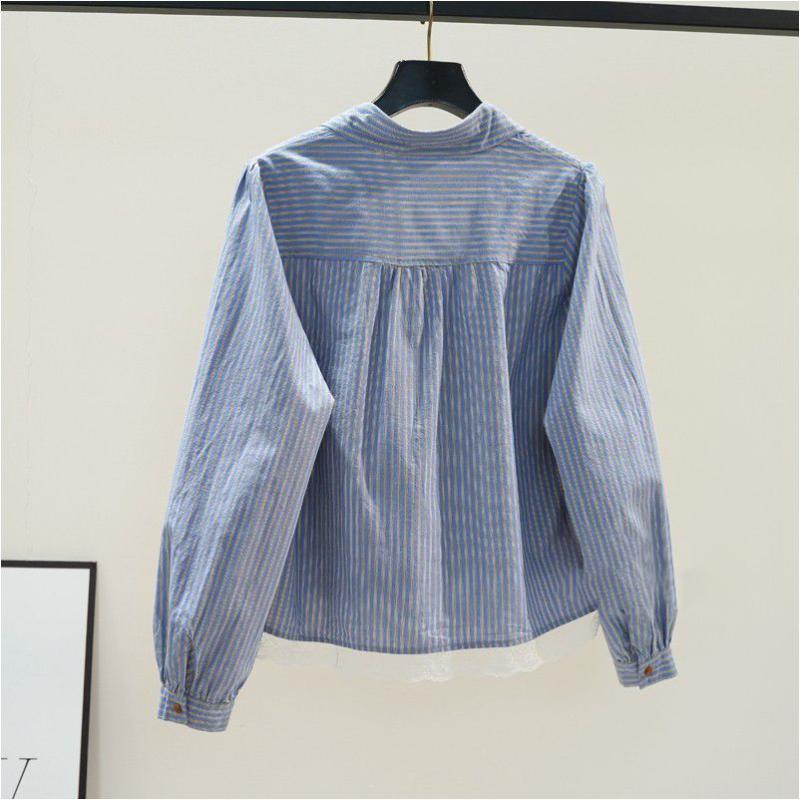 Кружевная полосатая рубашка женская в корейском стиле, свободный топ