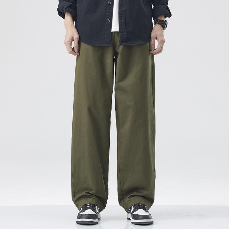 American retro pure cotton loose casual wide-leg pants men's drape straight solid color spring and autumn new mid-waist long pants