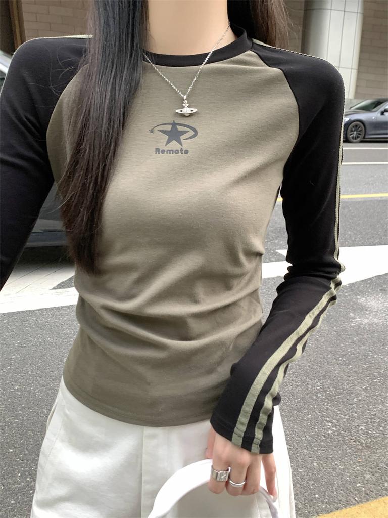 Зимняя новая футболка с контрастными рукавами и принтом, женский топ, футболка с длинным рукавом в стиле Spice girl, базовая футболка