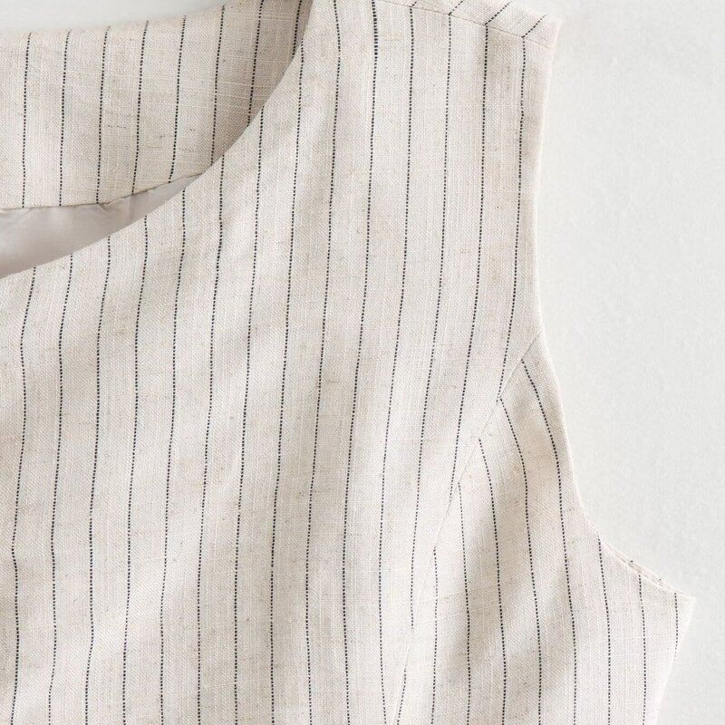 Fashion Style 2024 Spring/Summer New Arrival Women's Clothing Temperament Wild Hemp Cotton Stripes Long Vest Coat 1227466