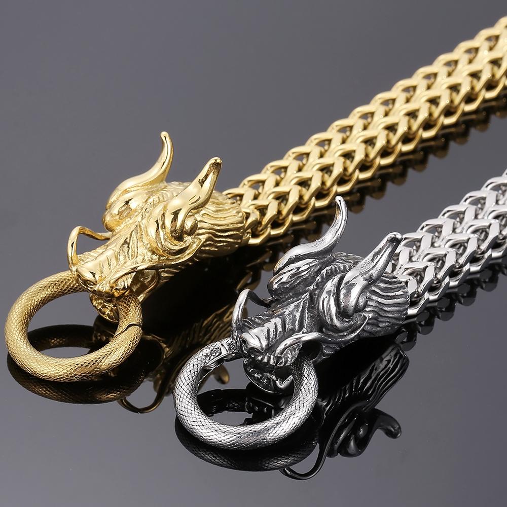 Gothic Double Chinese Long Dragon Heads Design Men's Bracelet 11MM Width Stainless Steel Square Franco Link Chain Male Jewelry