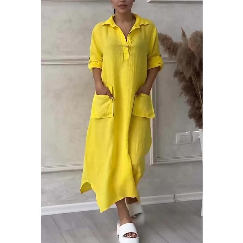 Весенне-осеннее женское платье больших размеров, однотонное, повседневное, длинные платья с карманами и лацканами