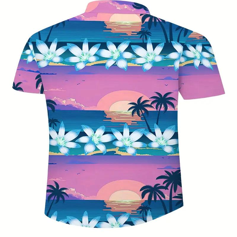 Летняя мужская повседневная рубашка с короткими рукавами на пуговицах с рисунком заката и цветов в формате 3D, подходящая для летнего пляжа