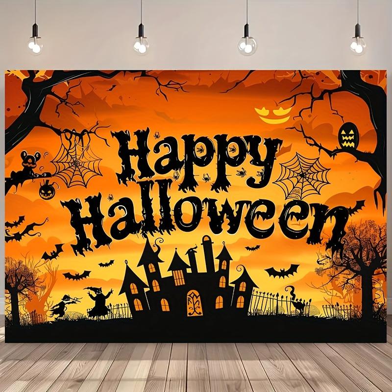 1 Halloween Happy Party Background Cloth - Horror Pumpkin Bat and Misty Forest Scene Party Banner