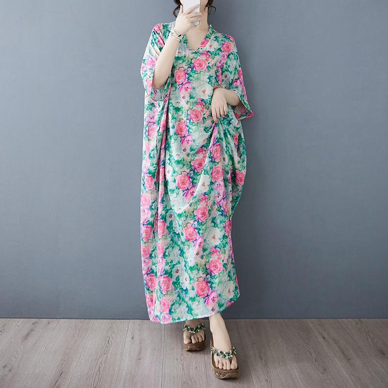 Dimanaf 2025 Женское Летнее Платье Больших Размеров Базовое Длинное Платье Винтажное Цветочное Свободное Повседневное Хлопок Льняной С V-образным Вырезом