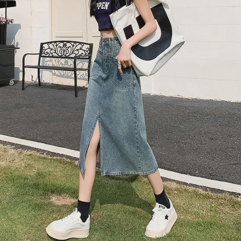 Women's High-Waist Denim A-Line Skirt with Pockets and Slit - Retro Mid-Length Design