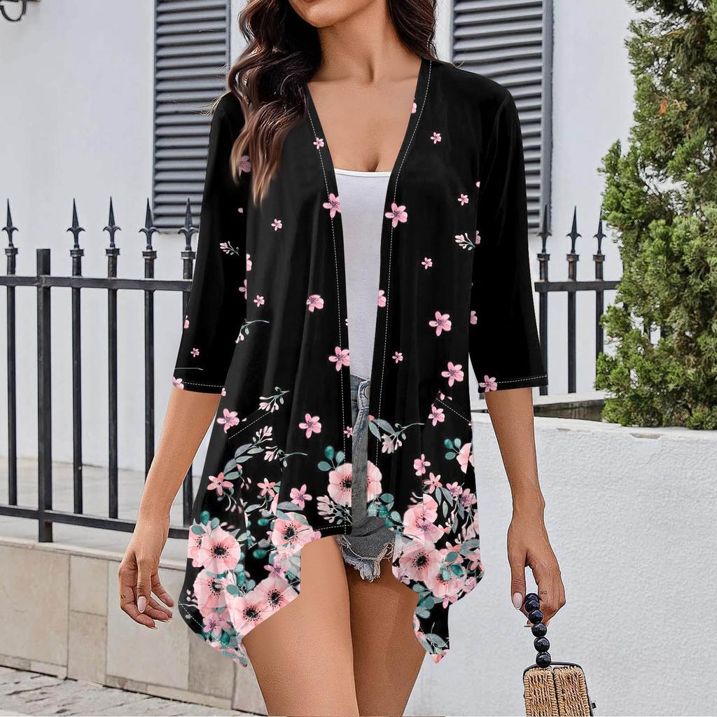 Женский кардиган неправильной формы с принтом, рукавами три четверти и карманной курткой