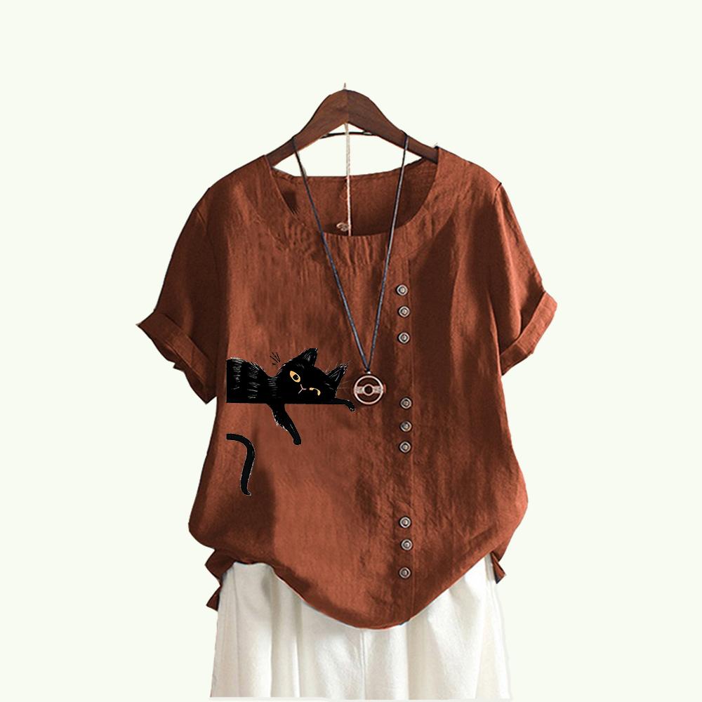 Женские модные блузки с короткими рукавами, летний повседневный пуловер, свободный топ с круглым воротником, хлопково-льняная футболка с принтом кота