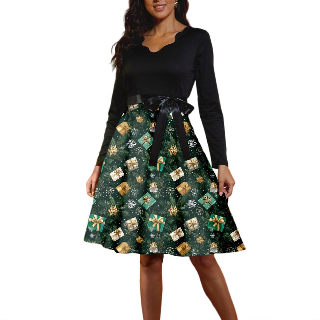 Women's Fashion Round Casual Slim Fit Christmas Print Large Swing Long Sleeve Dress