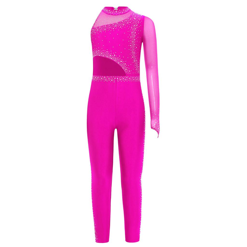 Girls Gymnastics Jumpsuit Sheer Mesh Patchwork Cutout Asymmetrical Design Mock Neck Sparkly Rhinestones Full Body Leotard