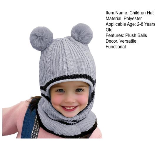 Детская шапка с плюшевыми помпонами, утолщенная вязаная шапка 3-в-1, шапка-шарф-маска, головной убор, эластичная посадка, ветрозащитная шапка