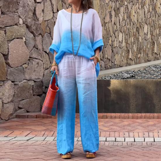 Женская футболка и брюки, комплект домашней одежды, градиентный контрастный цвет, топ с круглым вырезом и длинными рукавами