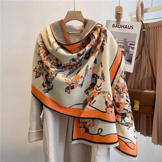 Толстый теплый зимний шарф, роскошный дизайн, принт лошади, женский кашемировый шаль из пашмины, женские шарфы с запахом, женский платок, одеяло, пончо