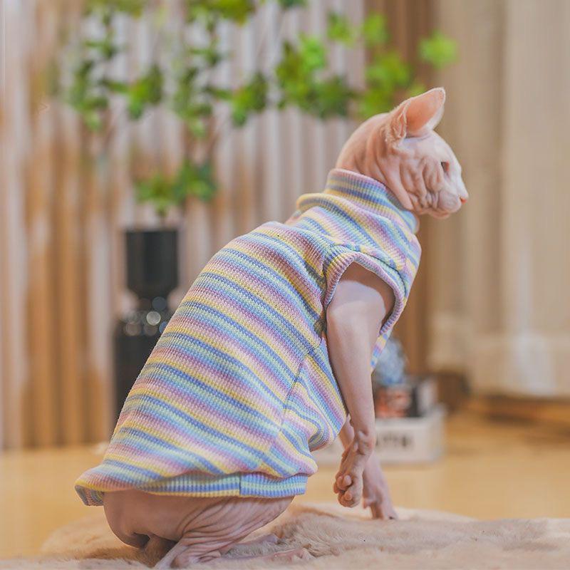 Sphynx Cat Clothing in Spring Soft Striped Cotton T-shirt for Kittens Breathable Sleeveless Coat for Devon Rex in Summer