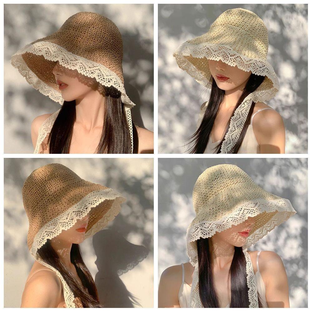 Foldable Lace Trim Hats Sun Protection Straw Sun Visors High Quality Straw Hat Women Girls