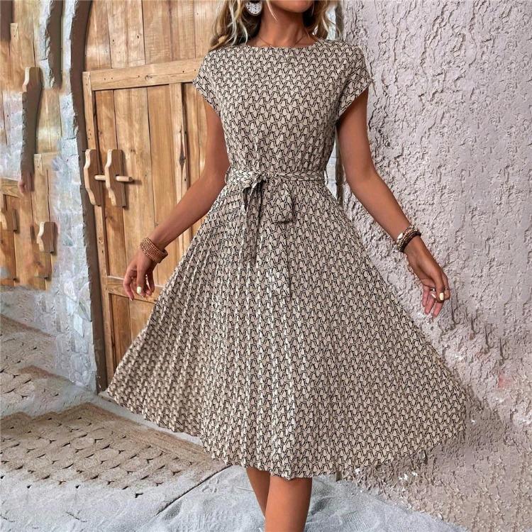Women Summer Pleated Dress with Belt Round Neck Short Sleeve Medium Long