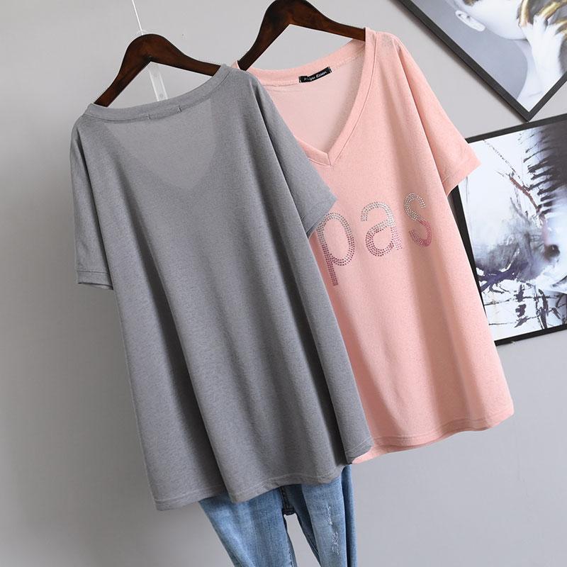 Extra Large Size T-shirt Women's Summer V-neck Clothes Fashion Loose Diamond-studded Letter Short-sleeved T-shirt Women