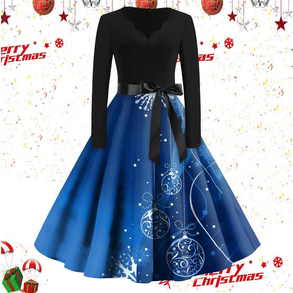 Женские повседневные модные винтажные длинные платья с длинным рукавом с рождественским принтом