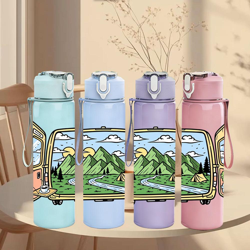 1PC Mountain Camping Van 750ml Color Plastic Sports Water Bottle Leakproof Flip Straw Lid Suitable for Sports Office Home Use
