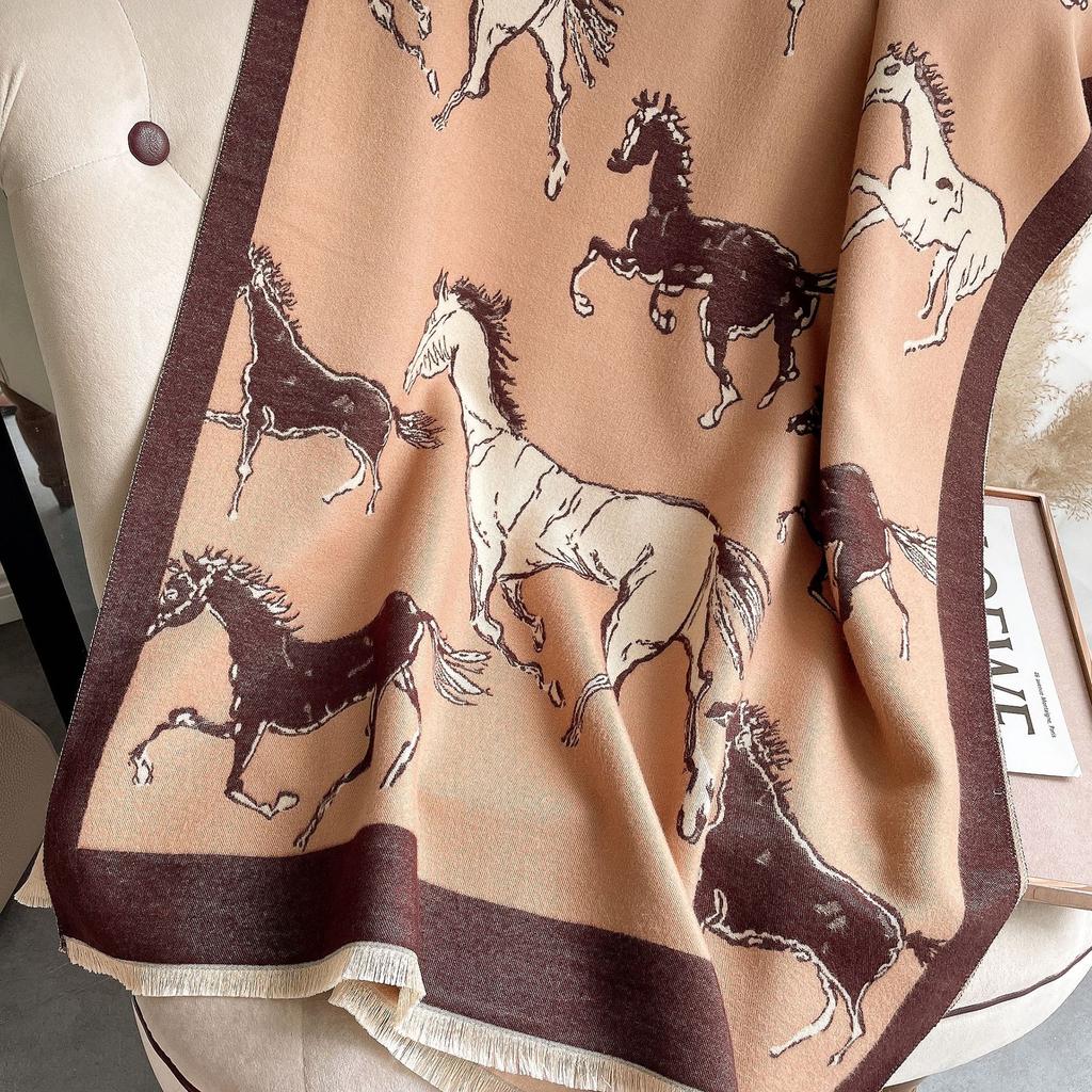 Elegant Autumn And Winter Versatile Horse Jacquard Imitation Cashmere Scarf Women'S Short Beard Tassel Travel Outside With Warm Scarf
