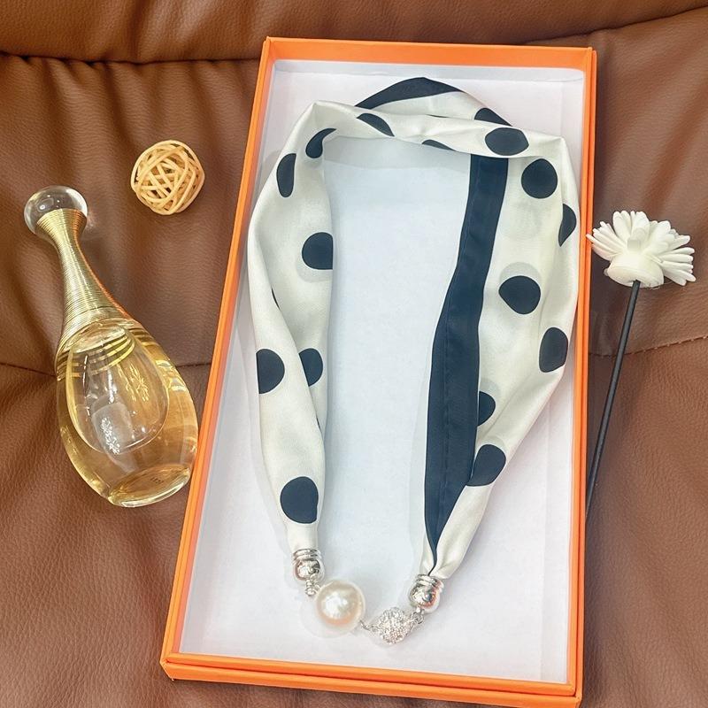 Silk Scarf Women's Spring, Autumn and Summer New Fashion Neck Protection Decoration Long Necklace Type Magnetic Buckle Scarf Small Scarf