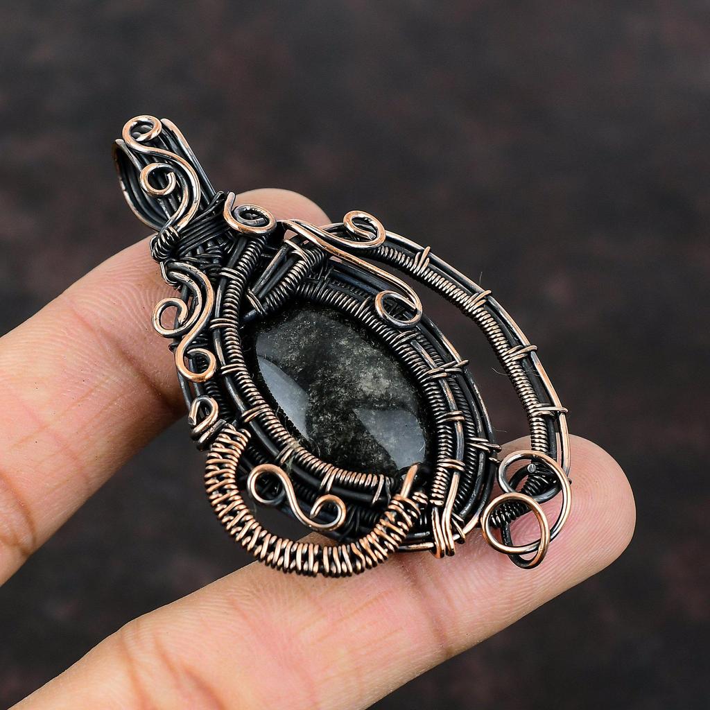 Серебряный блеск обсидиановый кулон Медная проволока Кулон Оригинальный кулон с драгоценным камнем Медные украшения Стильный кулон Ювелирные изделия ручной работы для подарка